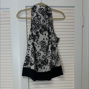 Black and White Floral Sleeveless Tie Neck Blouse